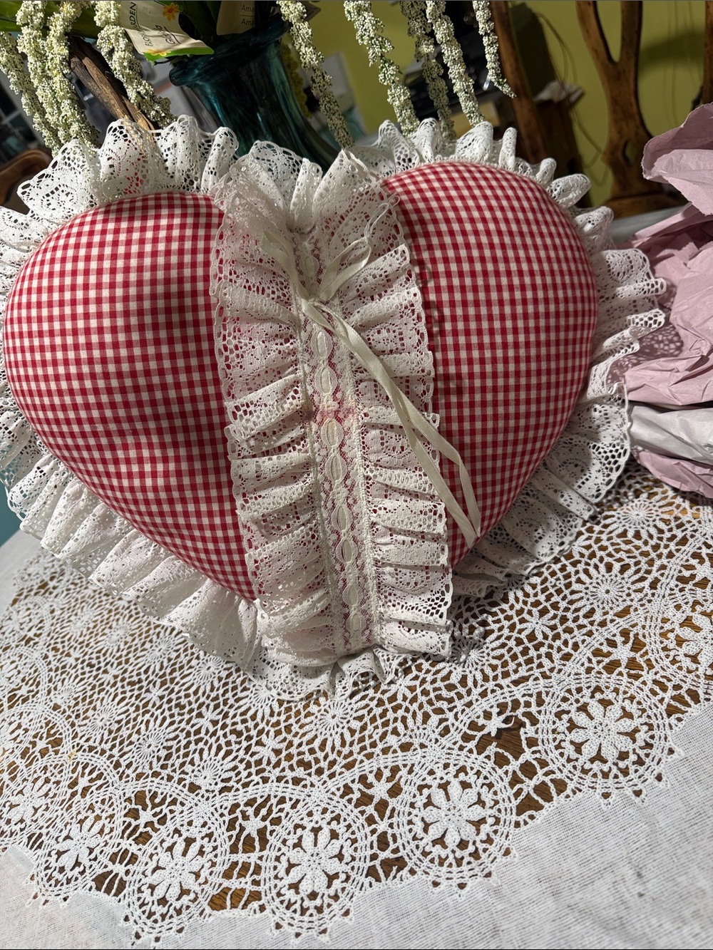 Handmade Heart Pillow - Red Gingham with Lace